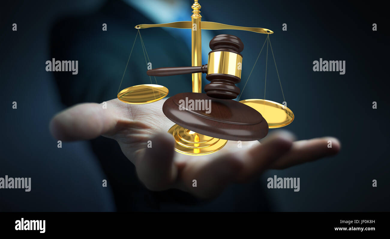 Businessman on blurred background with justice hammer and weighing scales 3D rendering Stock Photo
