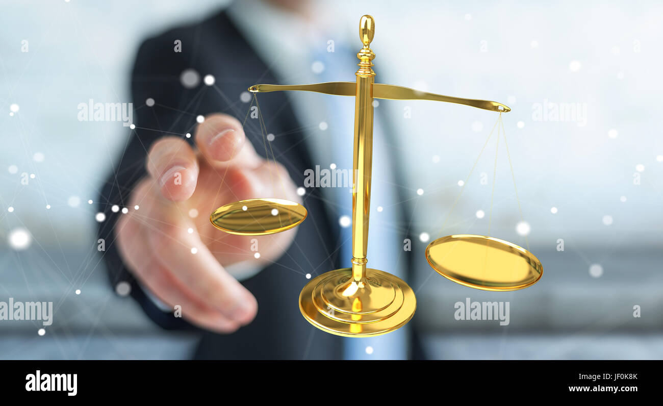 Businessman on blurred background with justice weighing scales 3D rendering Stock Photo