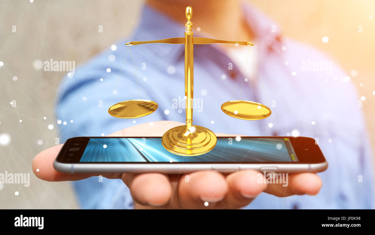 Businessman on blurred background with justice weighing scales 3D rendering Stock Photo