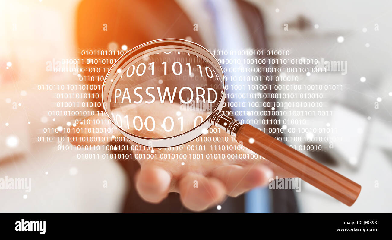 Hacker on blurred background using digital magnifying glass to find password 3D rendering Stock Photo