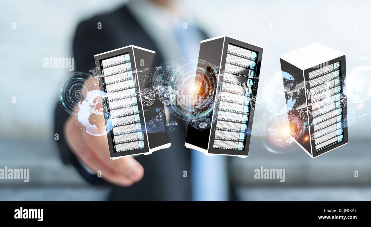 Businessman on blurred background connecting servers room data center 3D rendering Stock Photo