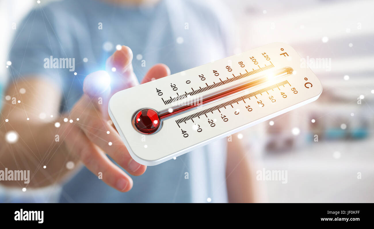 Businessman checking the temperature rise with a thermometer 3D rendering Stock Photo