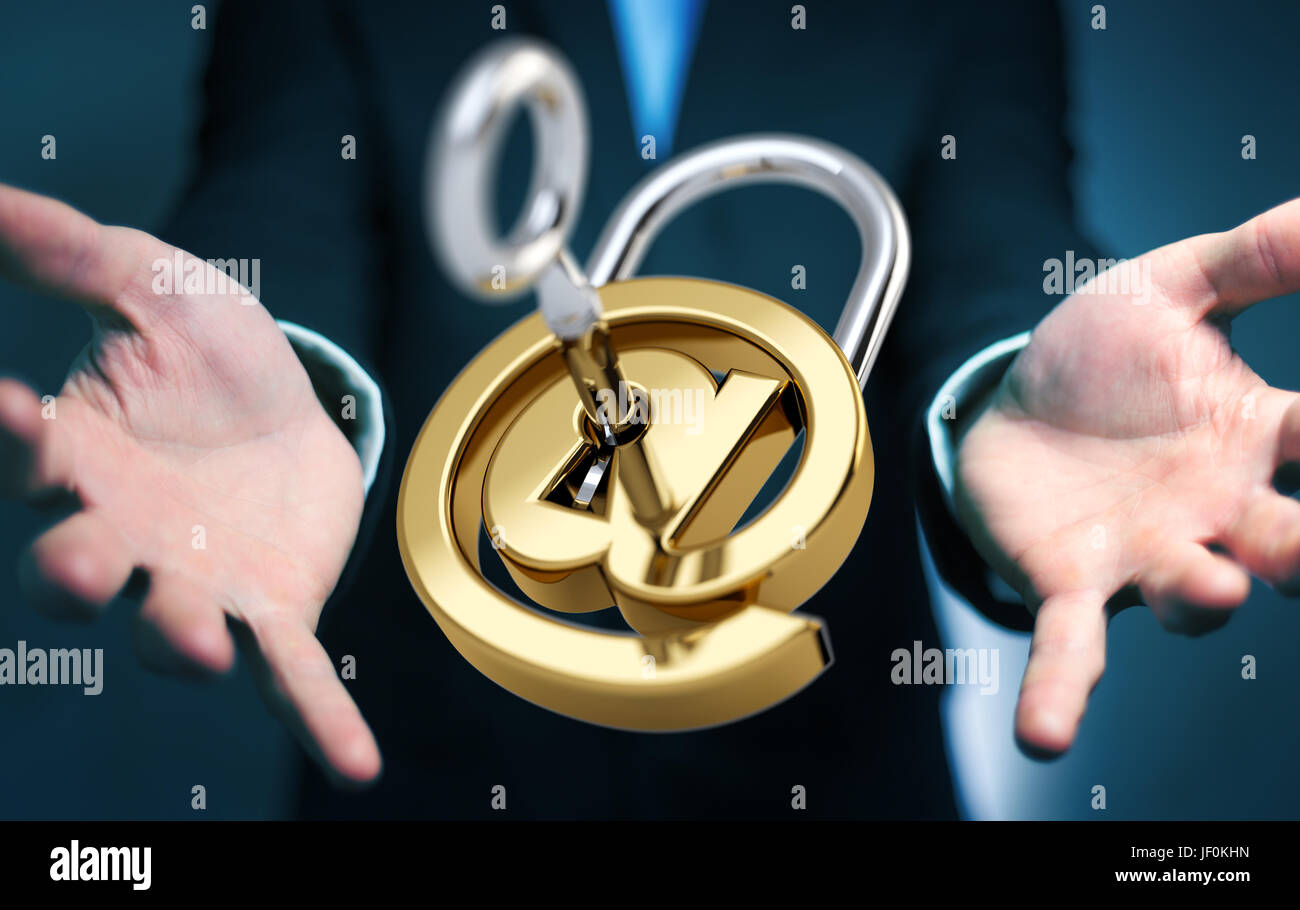 Businessman on blurred background using 3D rendered digital padlock to secure his internet datas Stock Photo