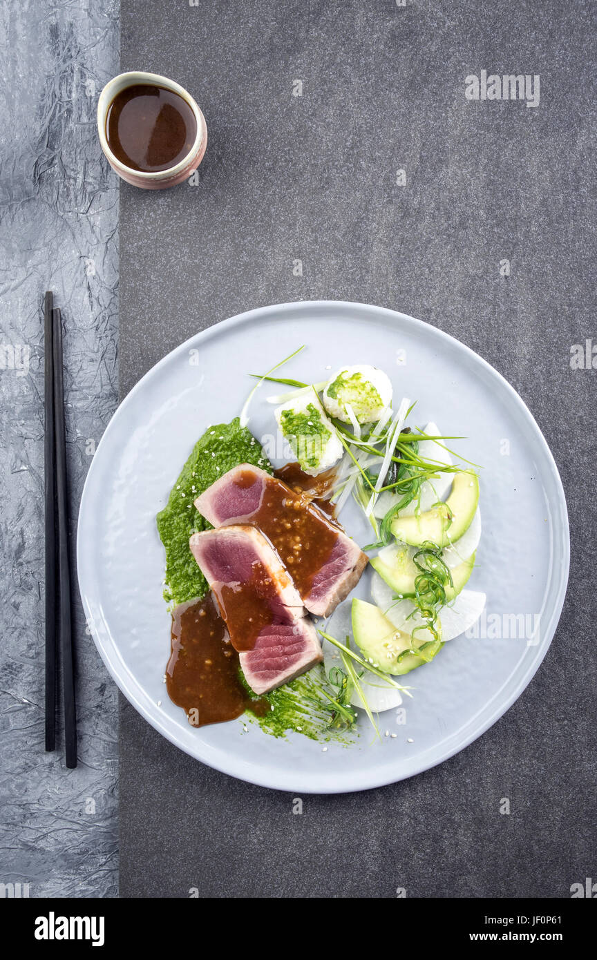 Tuna Tataki with Vegetable and Wasabi Cream Stock Photo Alamy