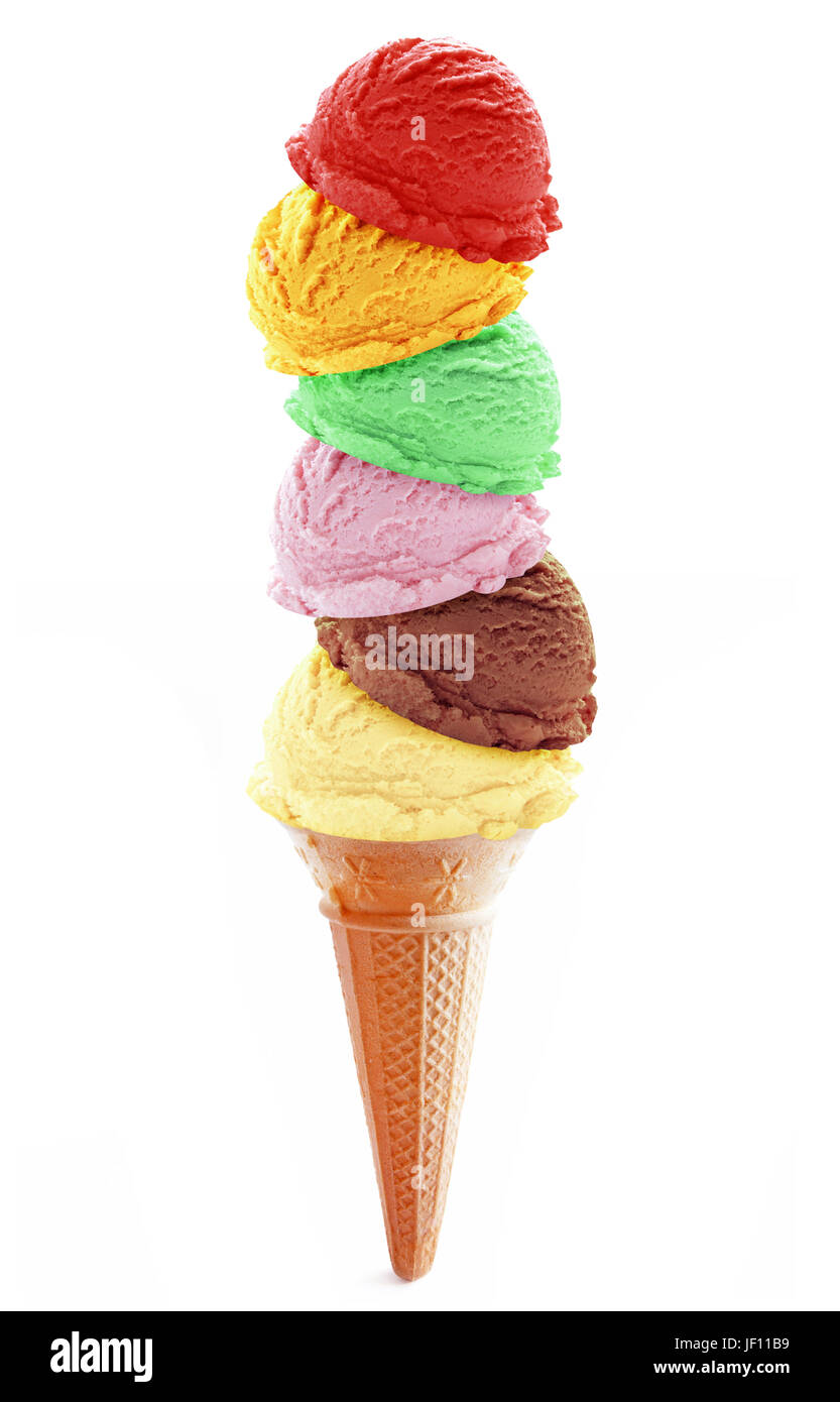 Stack of icecream scoops on top of a cone over a white background Stock ...