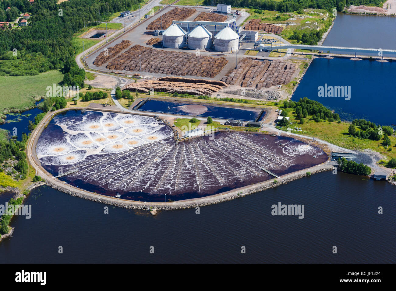 Aerial view of industrial buildings at sea Stock Photo