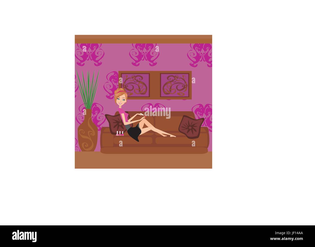 girl painting nails on the sofa Stock Vector