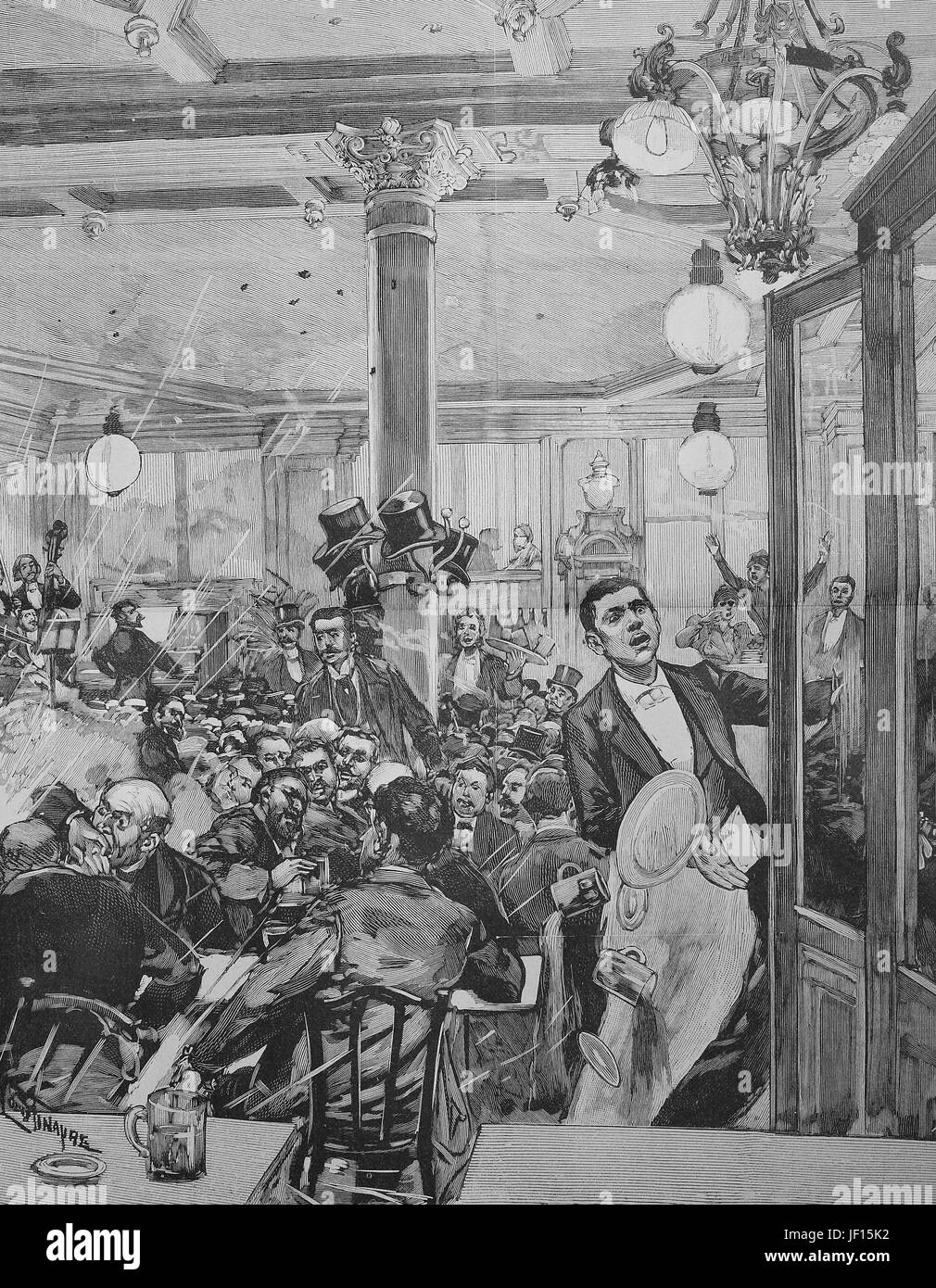 Historical illustration of the Attentat at Cafe Terminus, a popular cafe in the late 19th Century near the Gare Saint-Lazare, located in Paris, France. It is infamously known as the target of a bomb attack by French Anarchist Emile Henry on February 12, 1894, Digital improved reproduction from an original print from 1888 Stock Photo