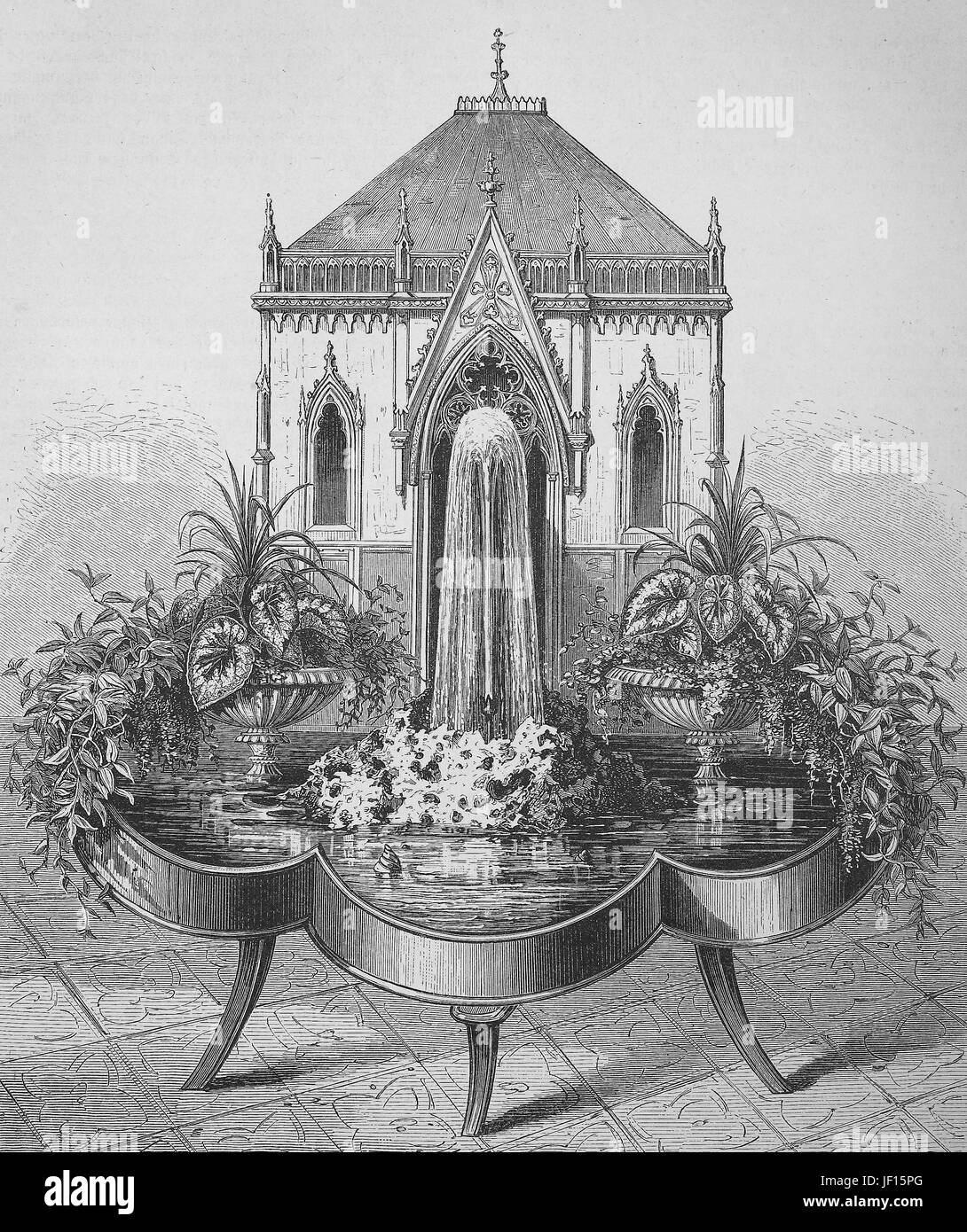 A fountain to be used inside of a room, historical illustration, Digital improved reproduction from an original print from 1888 Stock Photo