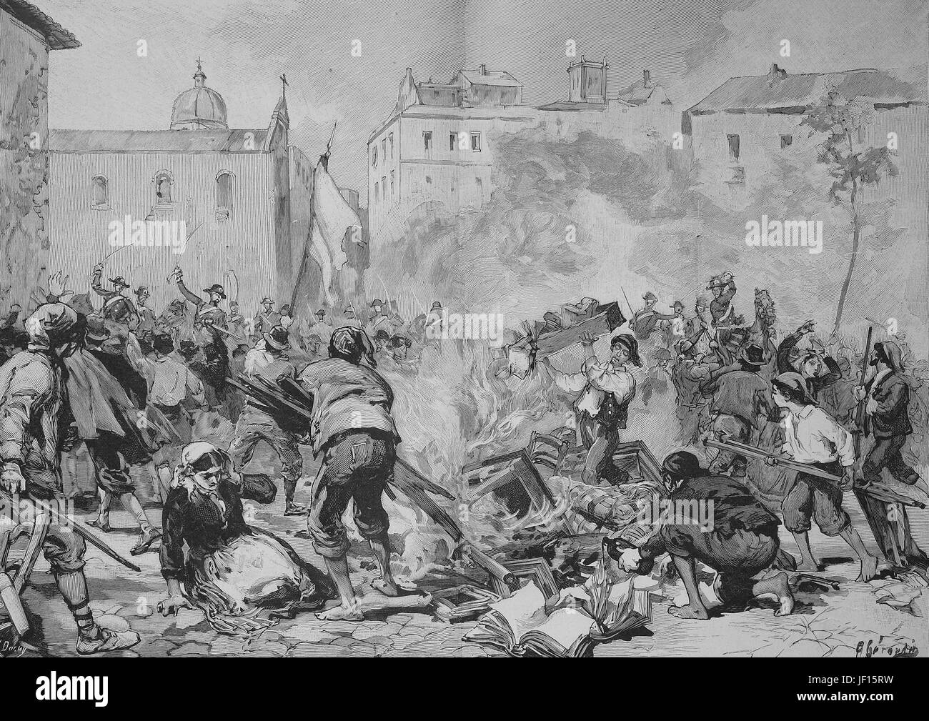 Historical illustration of the Rebellion in Sicily 1893. Destruction of the tax office in Monreale, Italy, Digital improved reproduction from an original print from 1888 Stock Photo