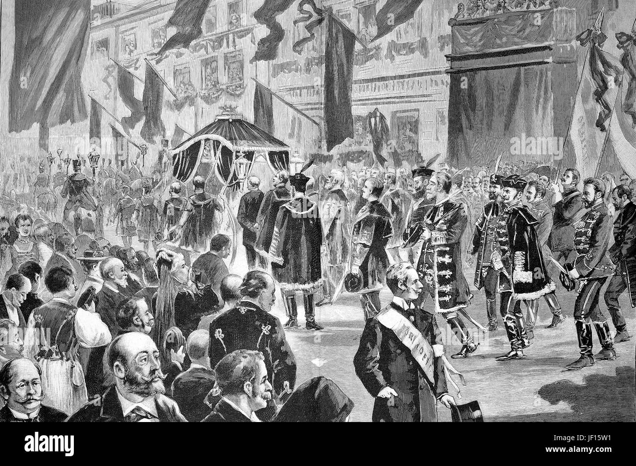 Historical illustration showing Kossuth's funeral procession in Budapest. Lajos Kossuth de Udvard et Kossuthfalva, Louis Kossuth, 1802 - 1894, a Hungarian lawyer, journalist, politician, statesman and Governor-President of the Kingdom of Hungary during the revolution of 1848 - 1849, Digital improved reproduction from an original print from 1888 Stock Photo