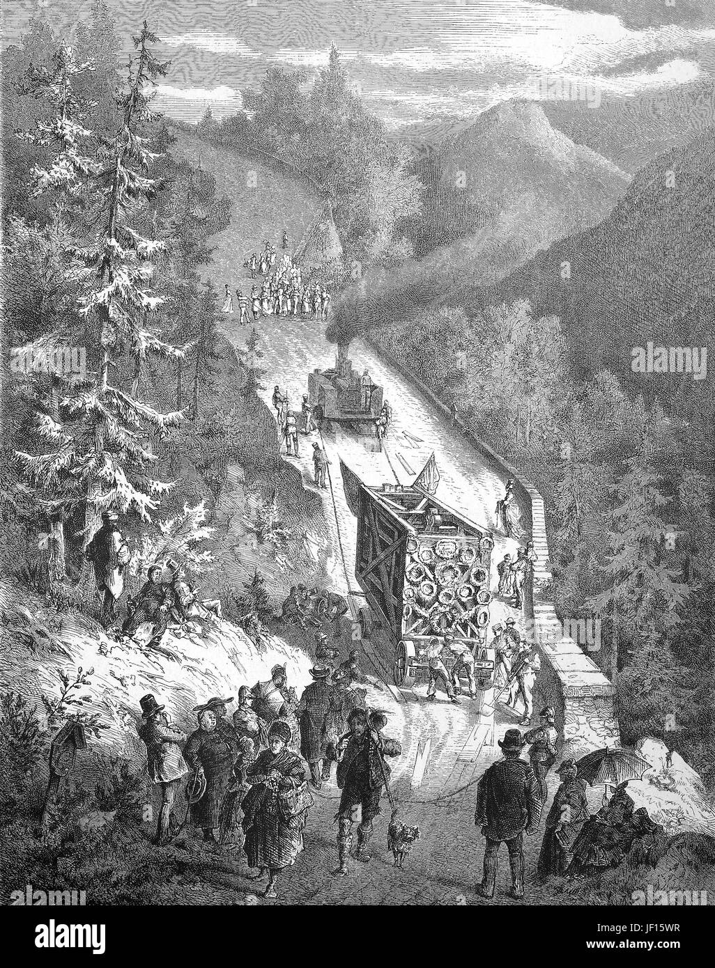 Historical illustration showing the transport of the parts of a big cruzifix on a mountain pass in the bavarian alps near Ettal, Bavaria, Germany. The Kreuzigungsgruppe, cruzifix group, near Oberammergau was paid by king Ludwig II., Louis II, Digital improved reproduction from an original print from 1888 Stock Photo