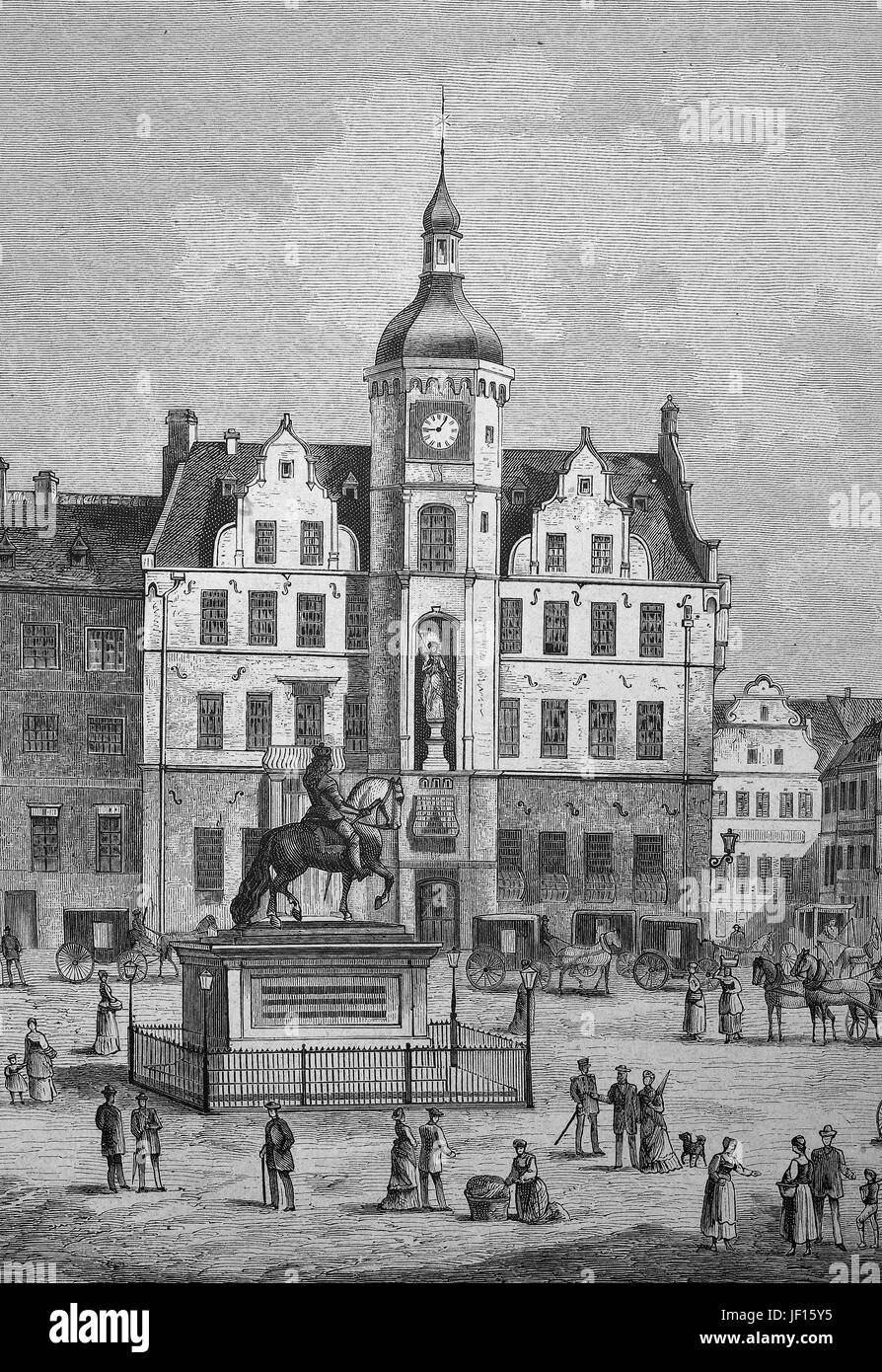 Historical Illustration of the old townhall of Duesseldorf, Düsseldorf, Germany, Digital improved reproduction from an original print from 1888 Stock Photo