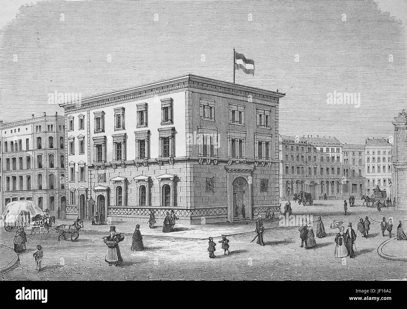 Historical illustration of the olf bank building of Hamburg, Germany, Digital improved reproduction from an original print from 1888 Stock Photo
