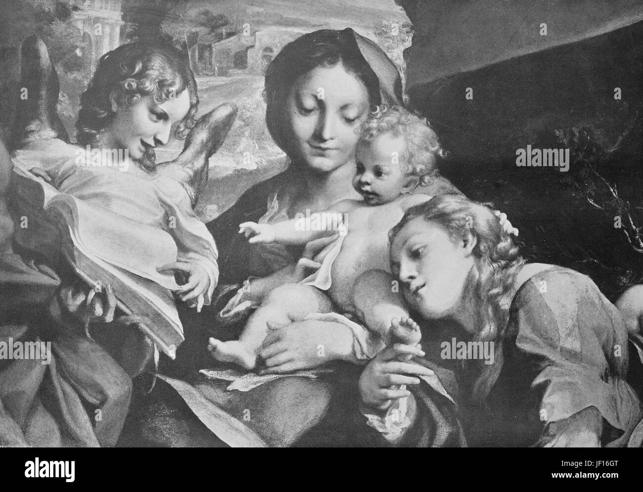 Historical photo of Madonna and child, painting by Antonio da Correggio, Italy,  Digital improved reproduction from an original print from 1890 Stock Photo