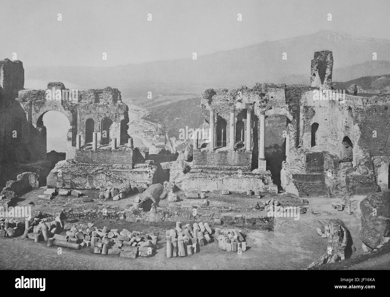 Historical photo of the Teatro Greco, Greek theatre, Taormina, Sicily, Italy,  Digital improved reproduction from an original print from 1890 Stock Photo