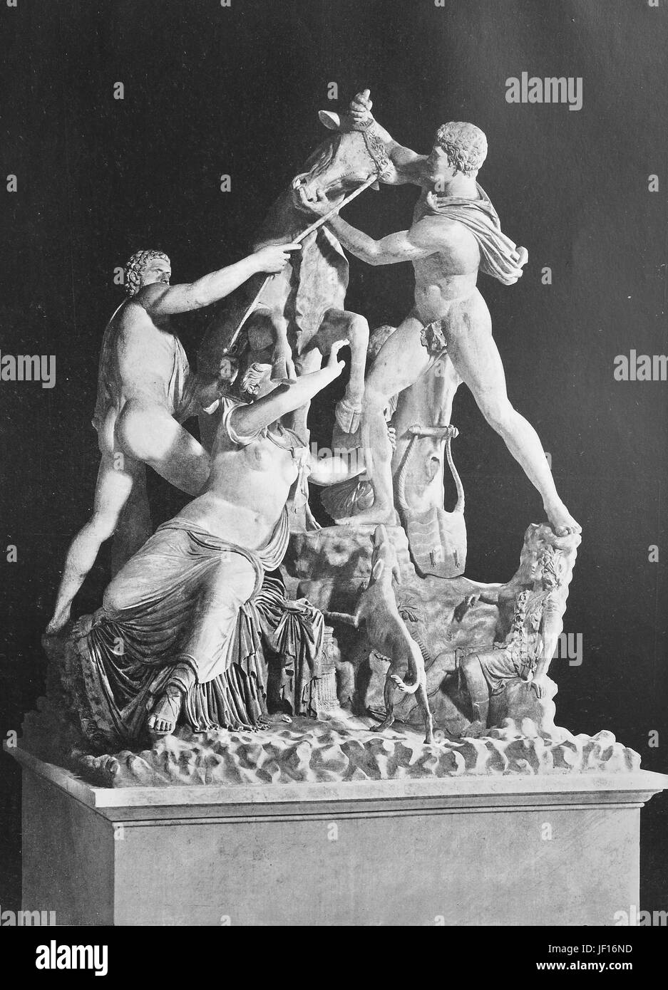 Historical image of The Farnese Bull, Toro Farnese, formerly in the Farnese collection in Rome, is a massive Roman elaborated copy of a Hellenistic sculpture, Neapel, Napoli, Naples, Italy,  Digital improved reproduction from an original print from 1890 Stock Photo