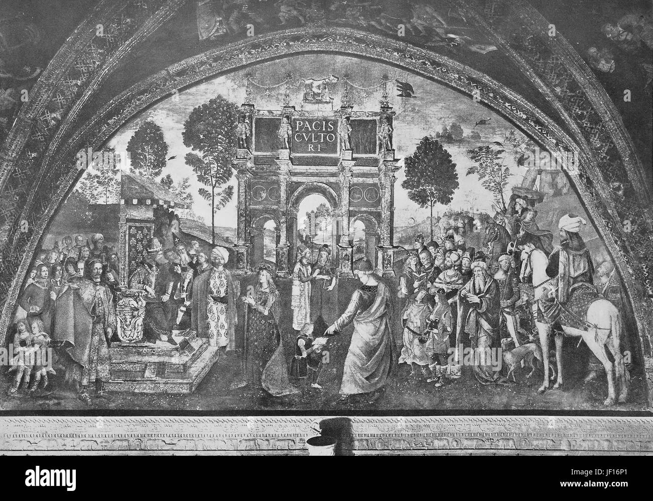 Historic image of the disputation of the holy Catharina, Saint Catherine of Alexandria, or Saint Catharine of Alexandria, also known as Saint Catherine of the Wheel and The Great Martyr Saint Catherine, infront of westroman Emperor Petronius Maximus, painting in the house of the Borgia, Rome, Italy,  Digital improved reproduction from an original print from 1890 Stock Photo