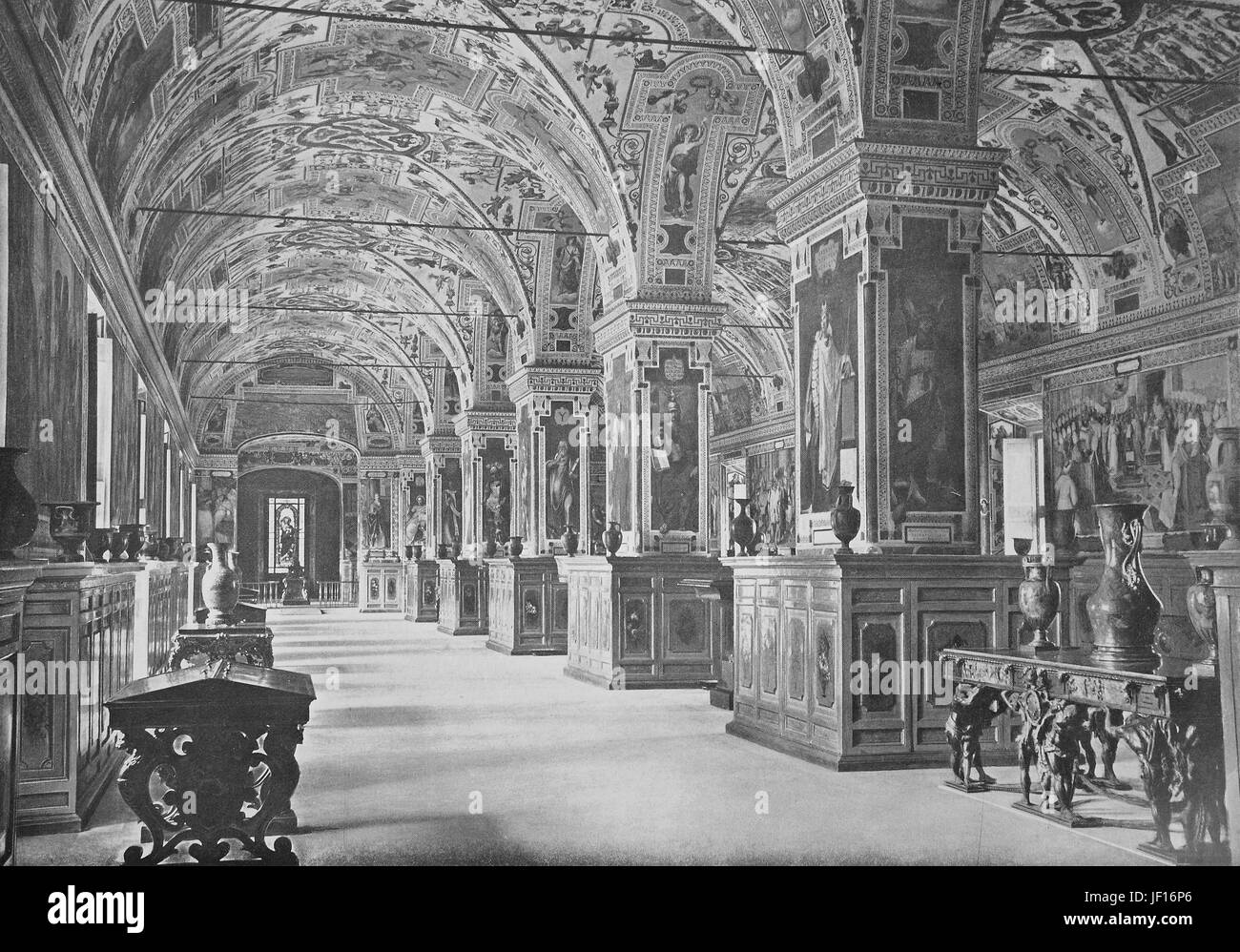 Historical photo of The Sistine Hall of the Vatican Library, Rome, Italy,  Digital improved reproduction from an original print from 1890 Stock Photo