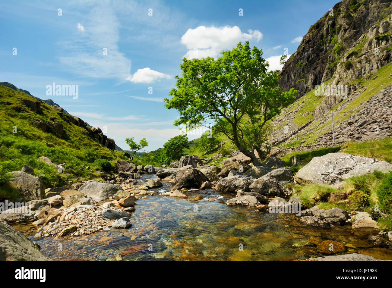 Afon Nant Peris, the river running through the rugged and scenic Llanberis Pass in Snowdonia,  Gwynedd, North Wales. Stock Photo