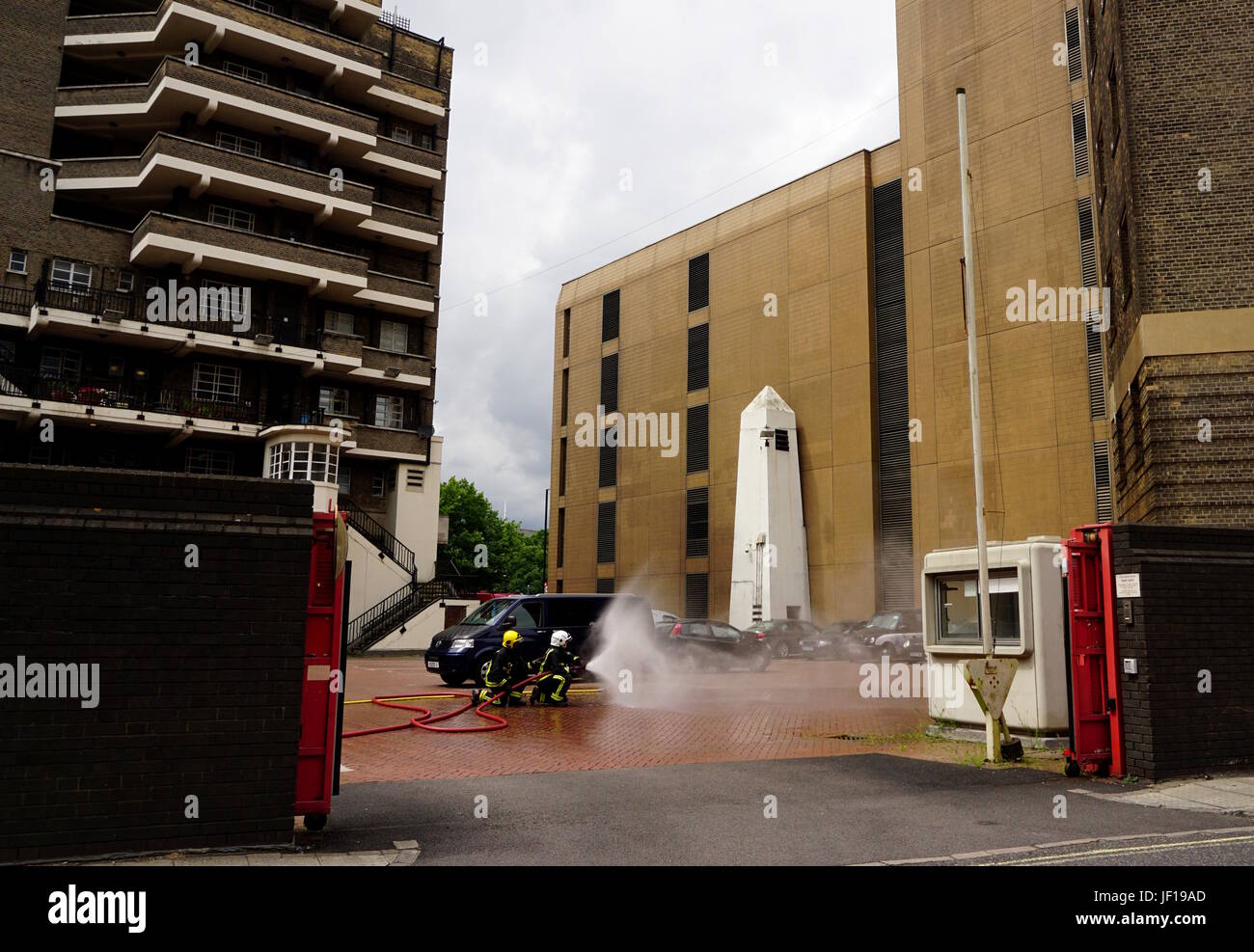 Fire Practise with Water Hose Stock Photo