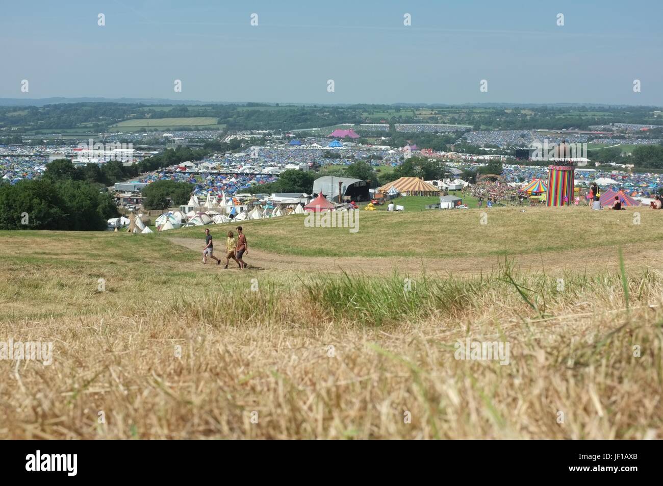 The view from the hill near the Park field overlooking Glastonbury Festival, Pilton, Somerset, England, United Kingdom, June 2017. Stock Photo