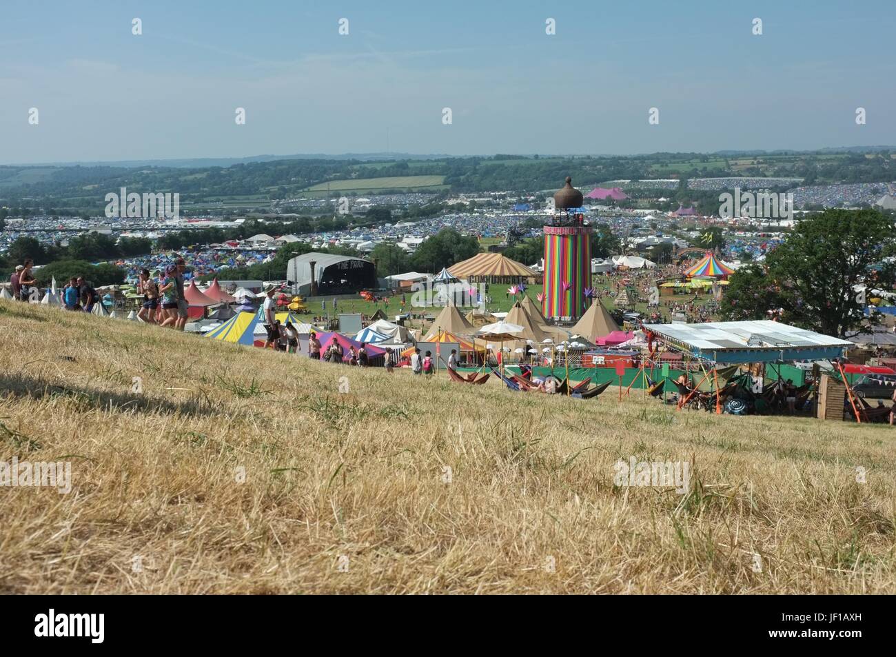 The view from the hill near the Park field overlooking Glastonbury Festival, Pilton, Somerset, England, United Kingdom, June 2017. Stock Photo