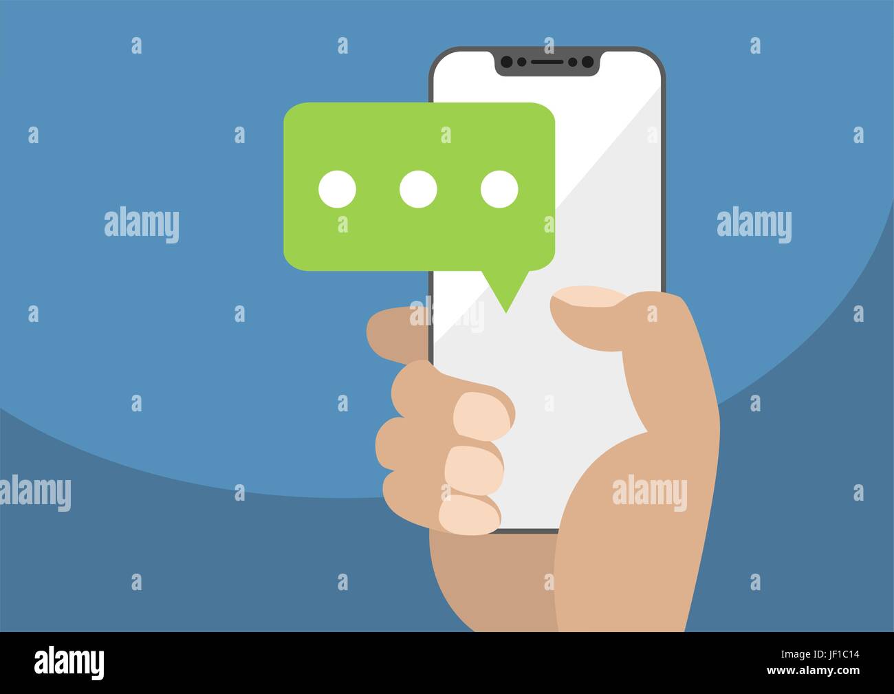 Vector illustration of hand holding bezel-free / frameless modern smartphone with chat icon to symbolize mobile chatting and conversations Stock Vector