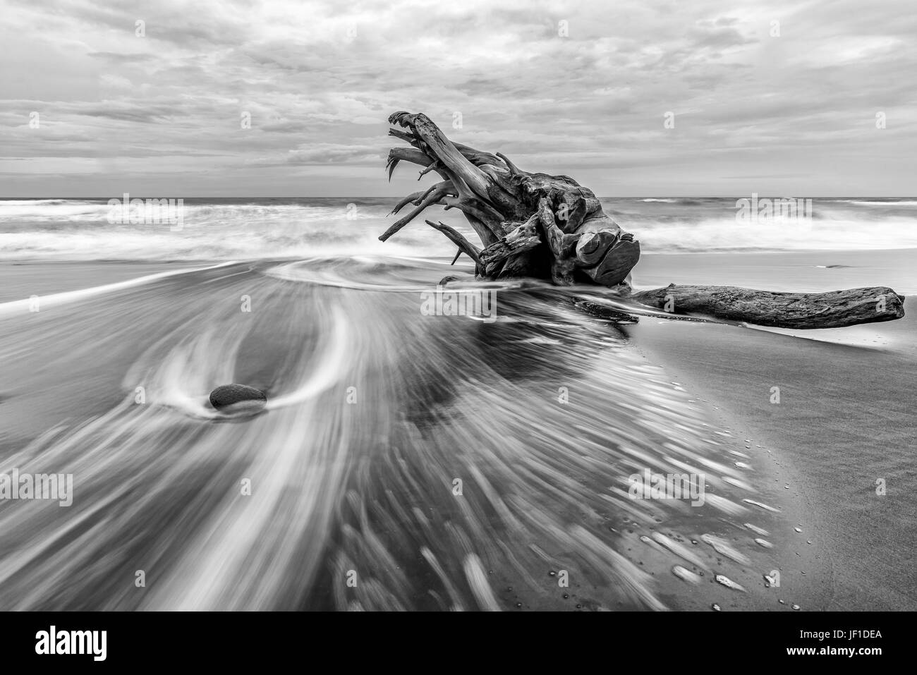 Black and white photo of a driftwood log on a breathtaking  Bali beach and the incredible effect of a fast-flowing rip current. Stock Photo