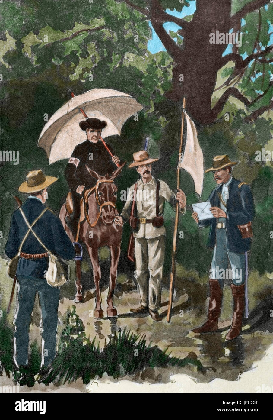Spanish-American War, between Spain and the USA in 1898, due to the US intervention in the Cuban War of Independence. The first flag of truce after the battle of El Caney (Cuba). White flag in the Yankee lines. Engraving. ' La Ilustración Iberíca', 1898. Colored. Stock Photo