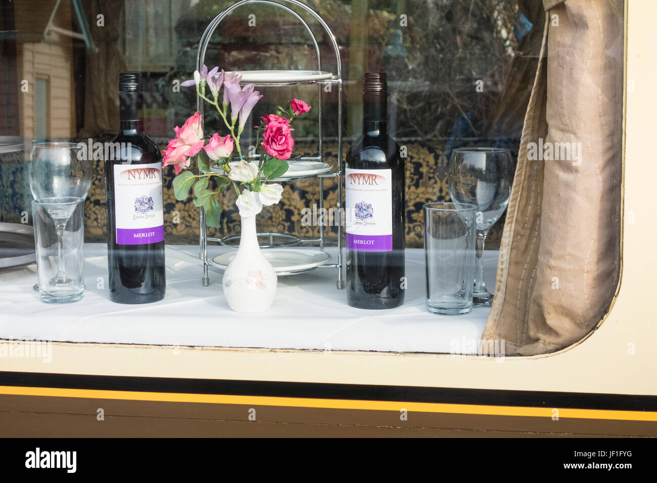 North Yorkshire Moors Railway labeled wine in dining car/carriage at Grosmont station, North Yorkshire, England. UK Stock Photo