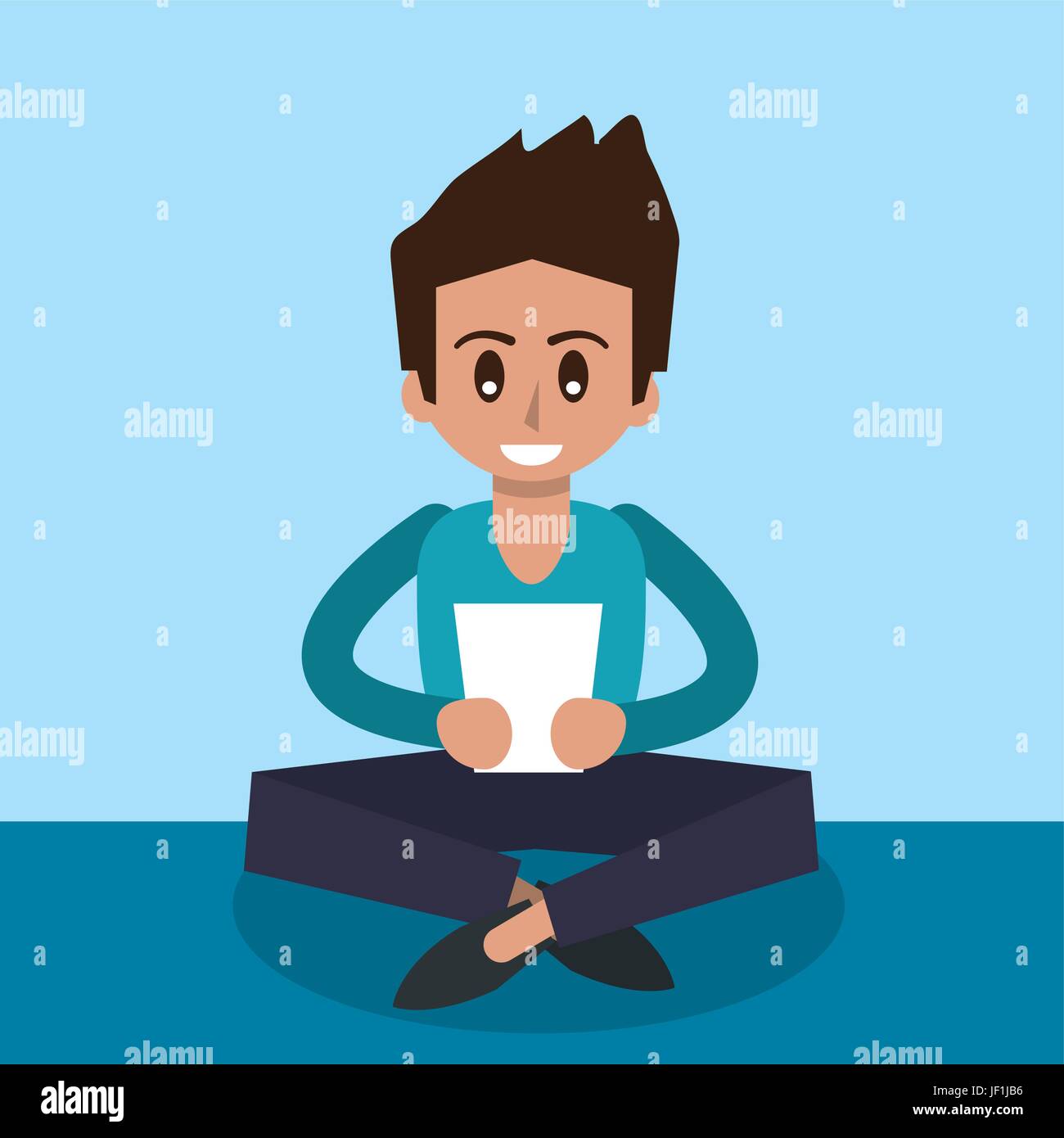 color background of man sitting with tablet device in front view Stock Vector