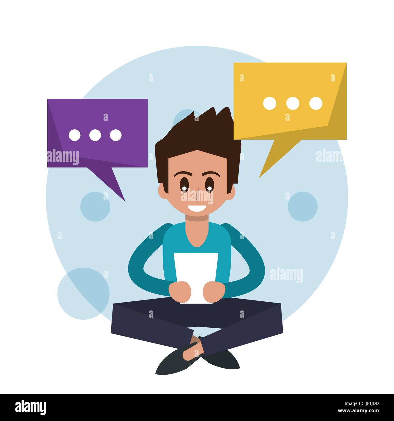 color background of man sitting and texting in tablet device in front view Stock Vector