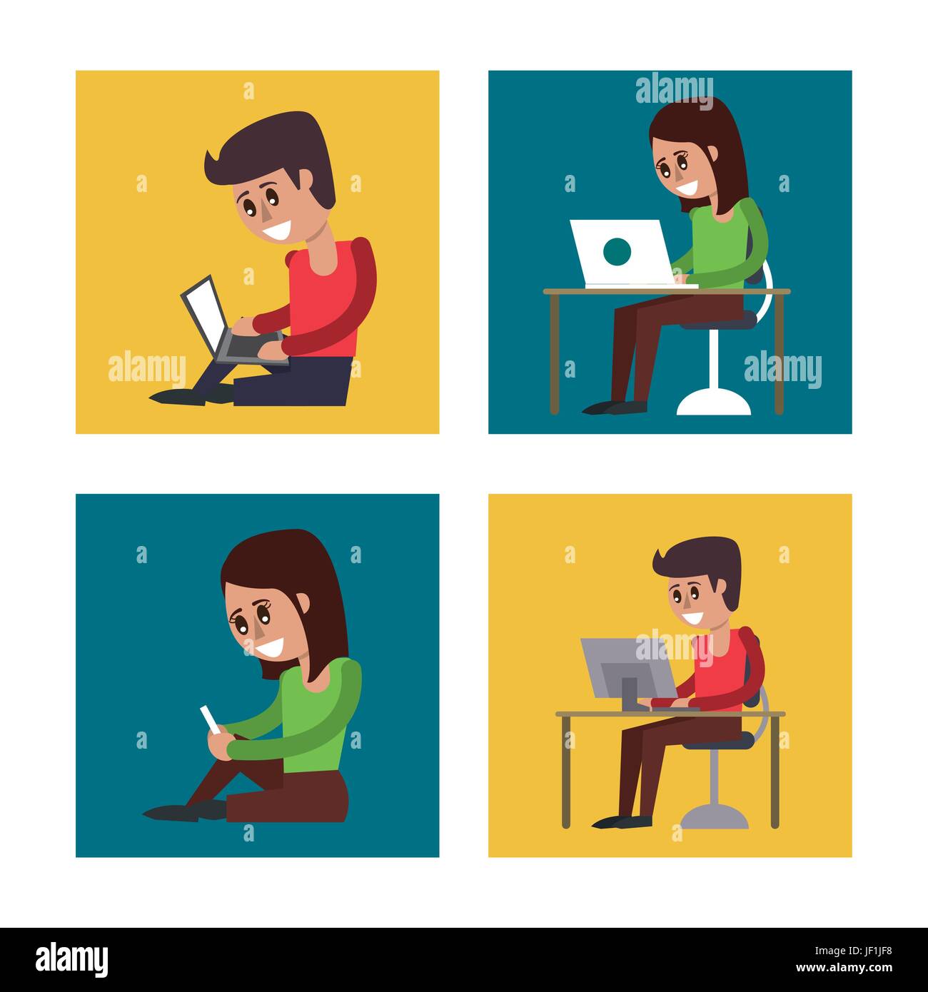 white background with colorful squares with man and woman in ...