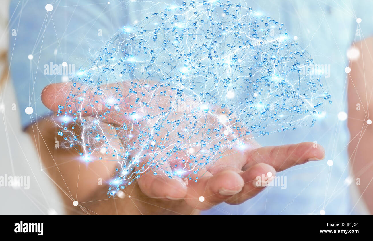 Businessman holding digital human brain with cell and neurons activity 3D rendering Stock Photo