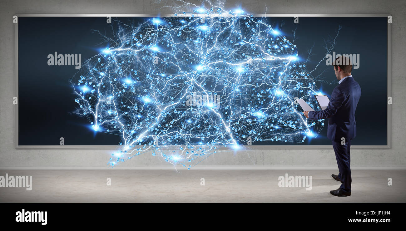 Businessman in modern interior using digital brain interface on a board 3D rendering Stock Photo