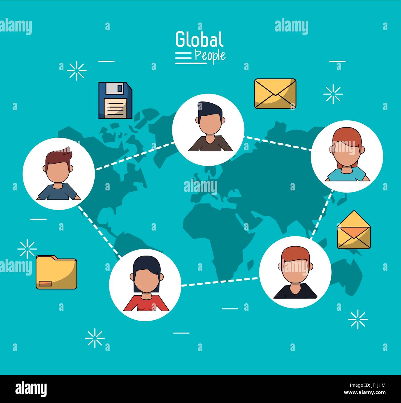 poster of global people with light blue background with map of the world and global information