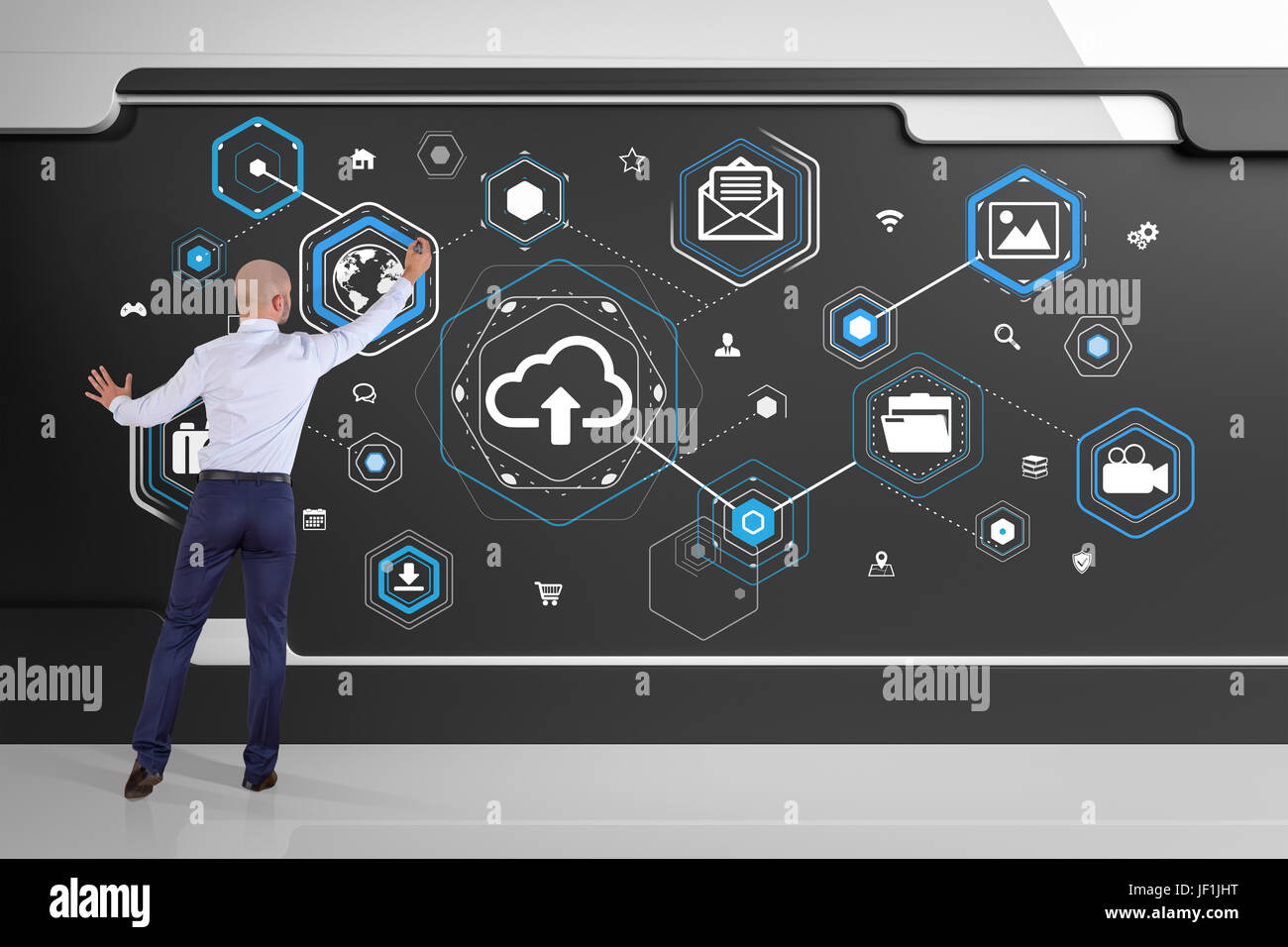 Businessman in modern interior using social network interface on a board 3D rendering Stock Photo