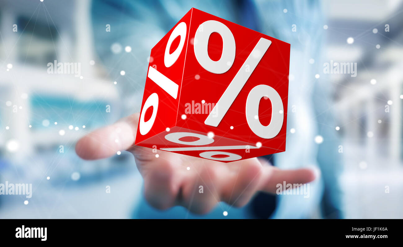 Businessman on blurred background using white and red sales flying icons 3D rendering Stock Photo
