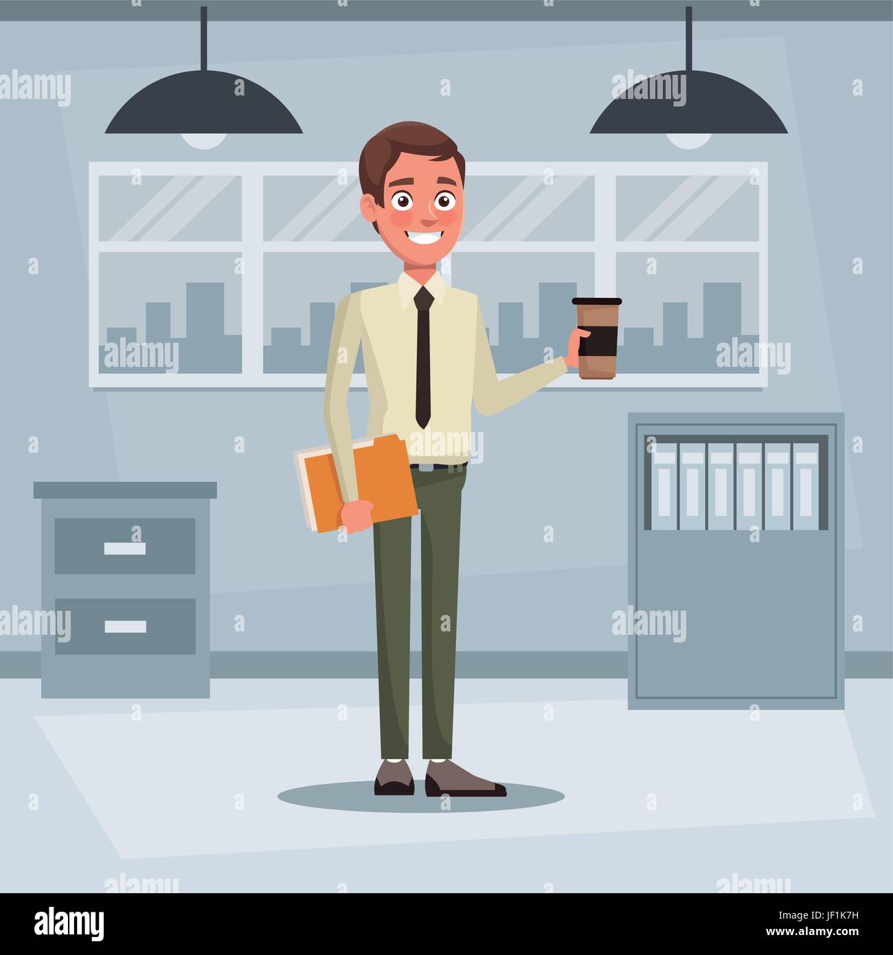 colorful background workplace office with executive man standing with folder documents and disposable hot drink Stock Vector