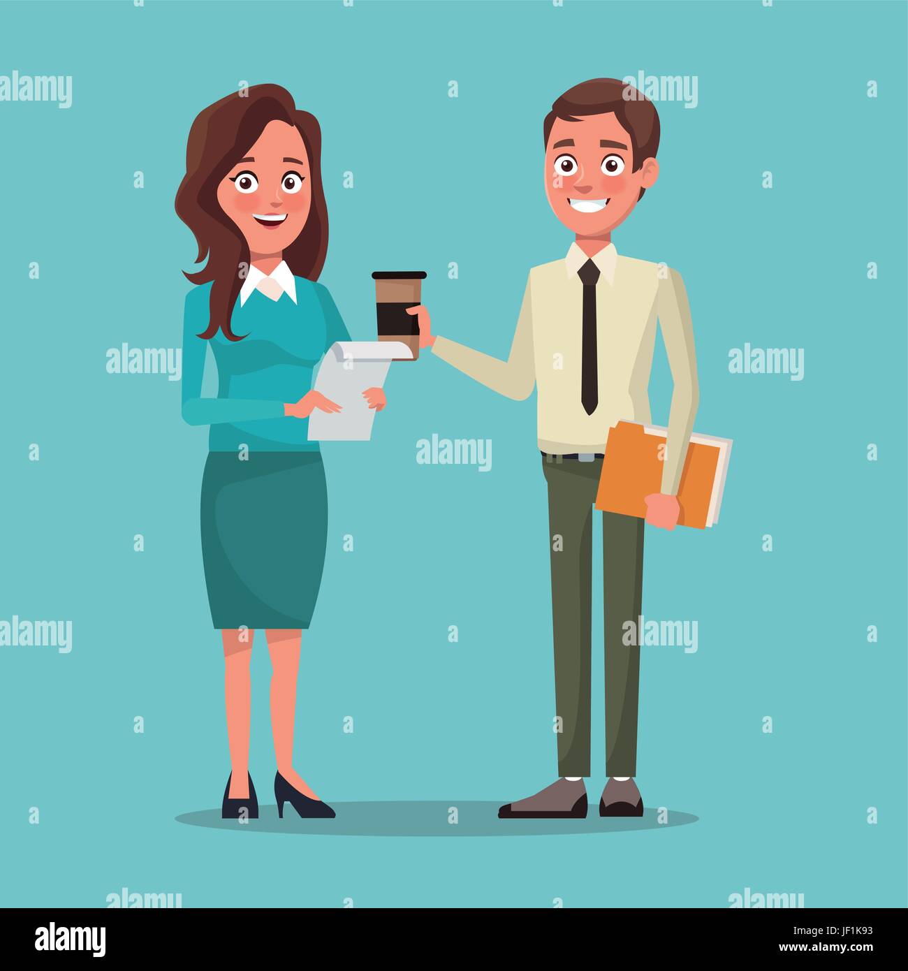 color background full body set couple of woman wavy hair and man with disposable hot drink and folder document Stock Vector