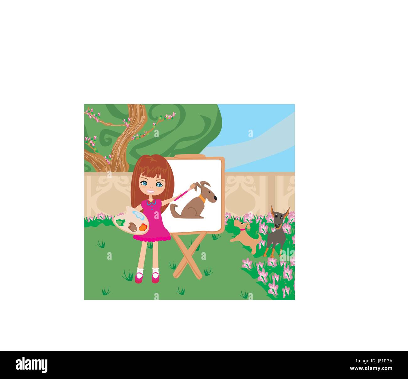 little artist girl painting dog on large paper canvas Stock Vector