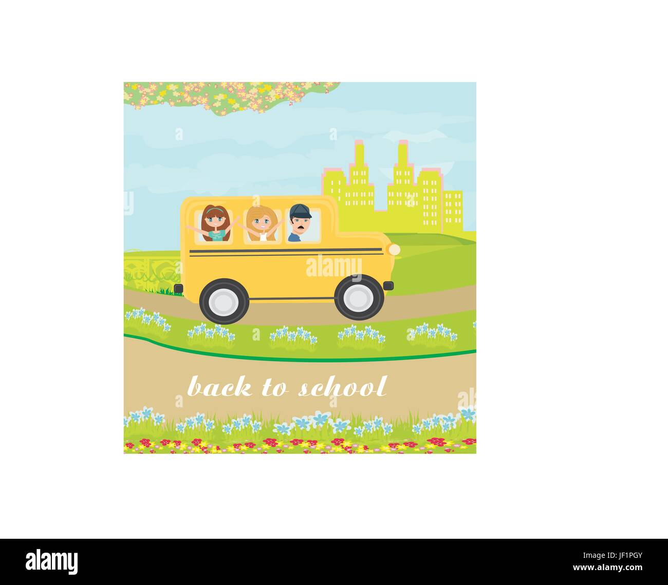 illustration of a school bus heading to school with happy children Stock Vector