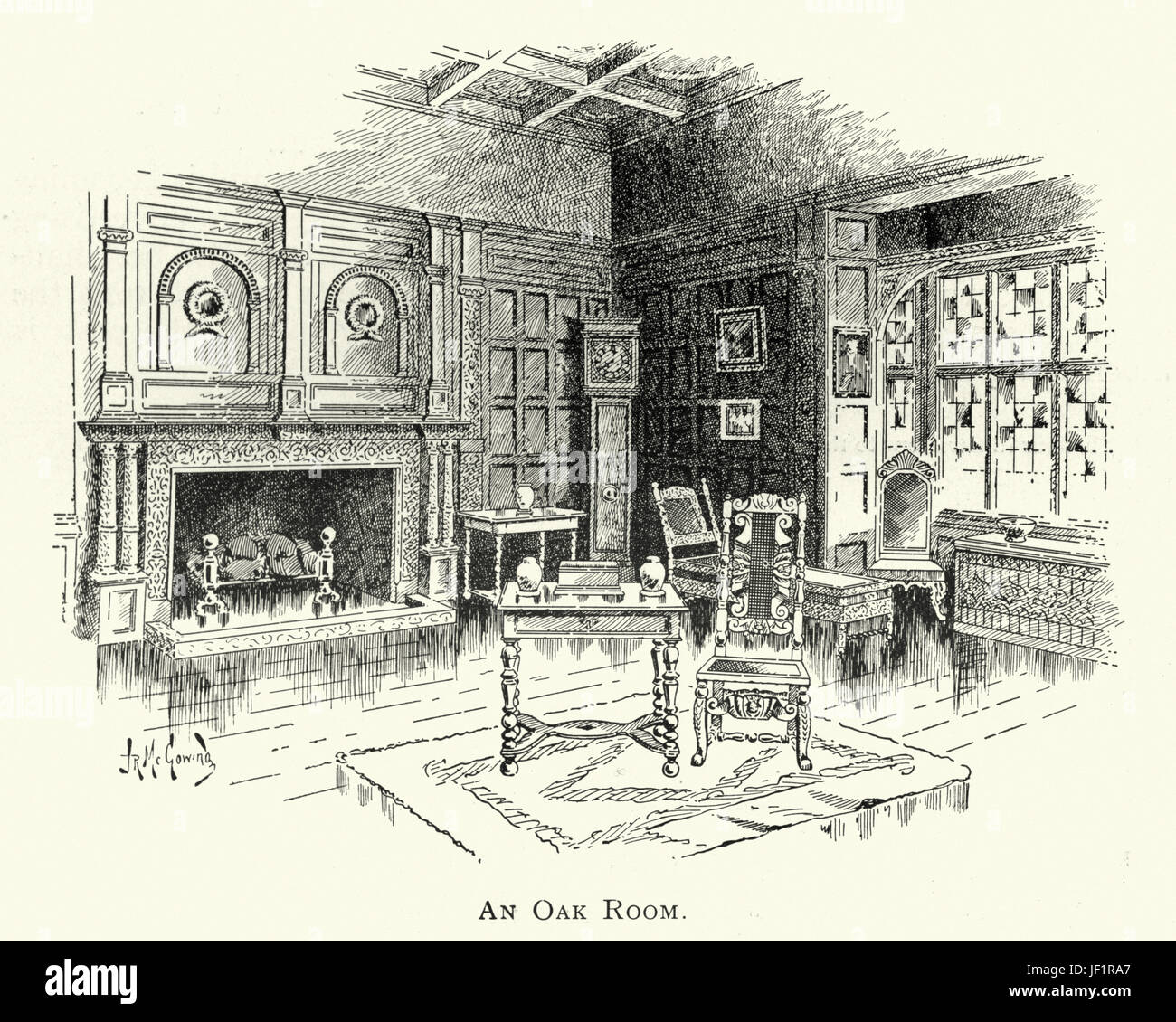 Edwardian decor, oak panelled room, c. 1913 Stock Photo