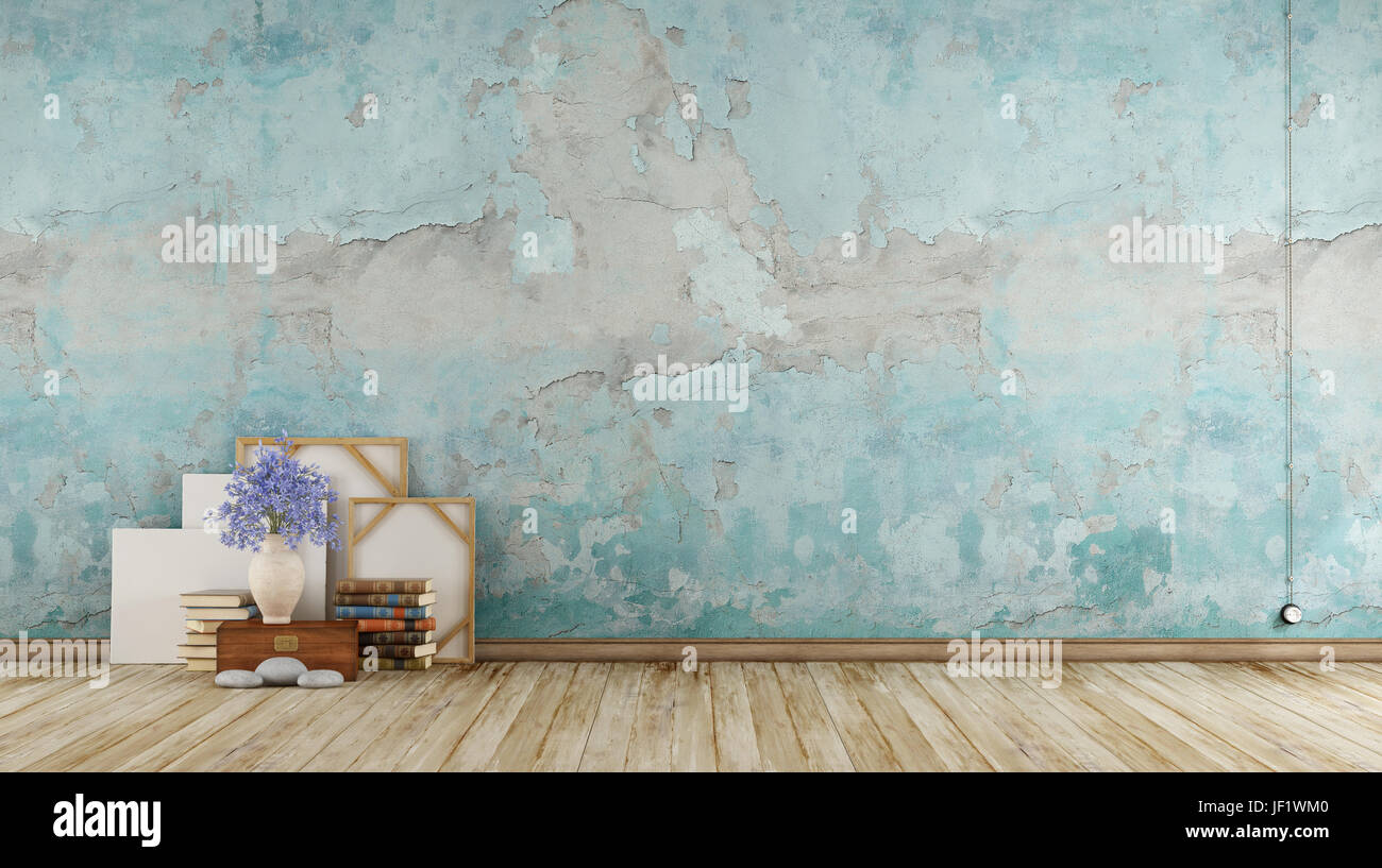Empty blue grunge room with old objects on wooden floor - 3d rendering Stock Photo