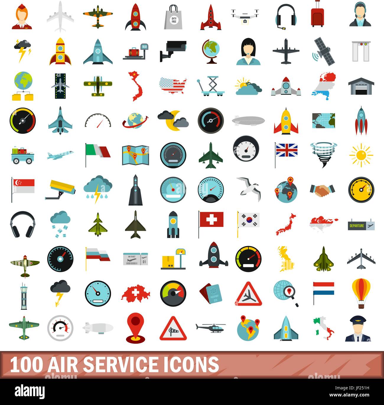 100 air service icons set, flat style Stock Vector