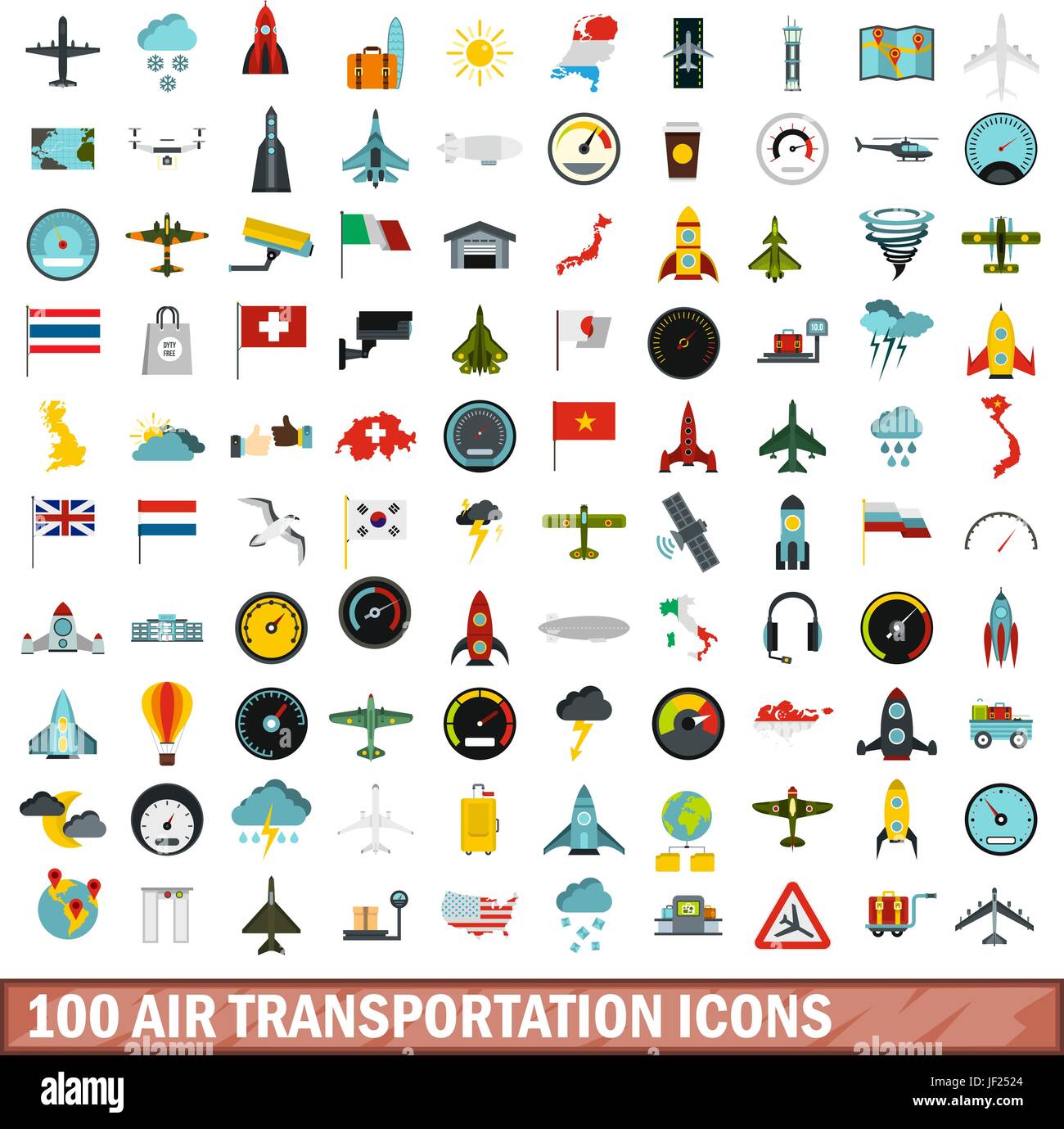 100 air transportation icons set, flat style Stock Vector
