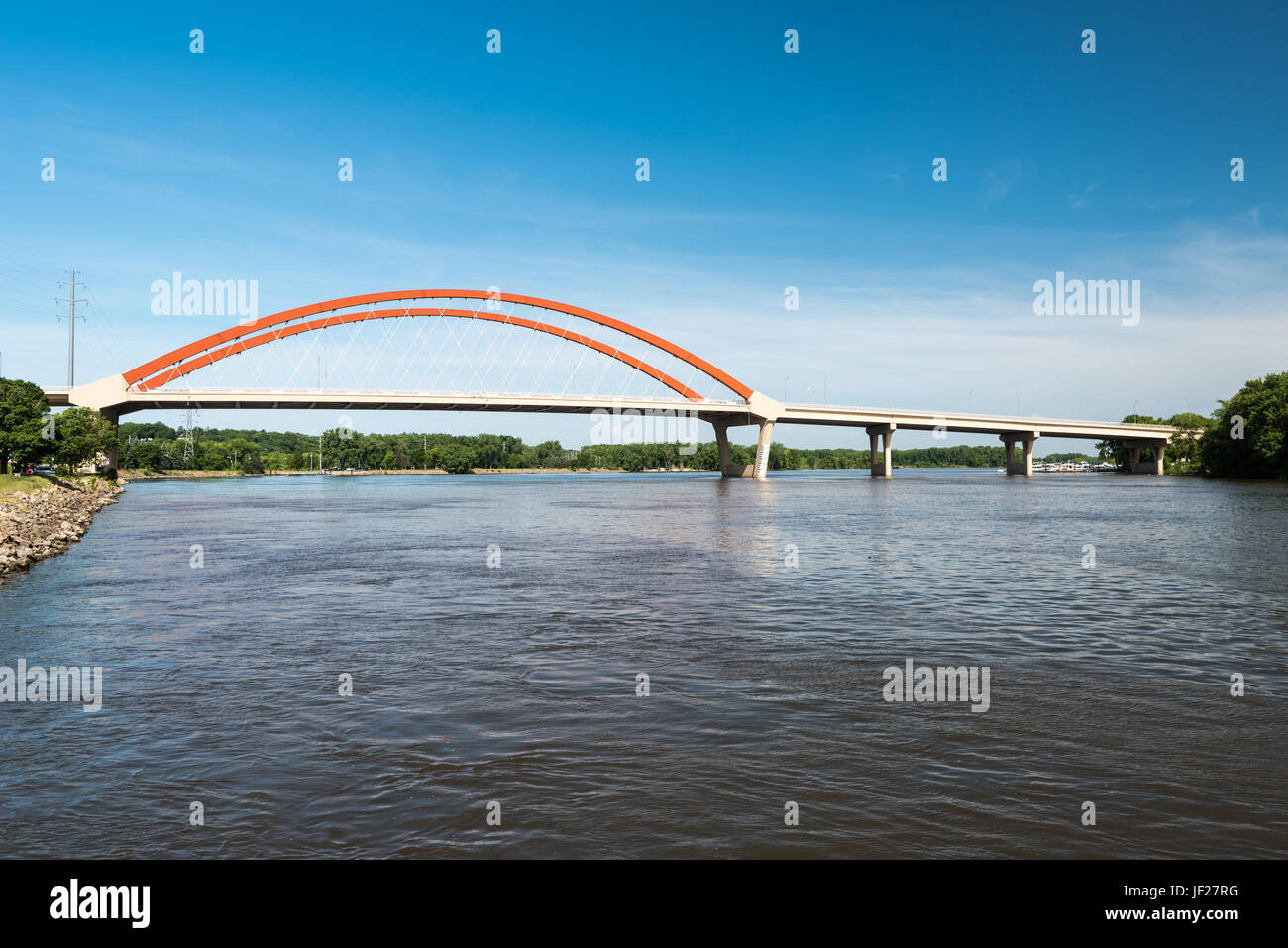 Hastings Bridge Spans the Mississippi River from Minnesota to Wisconsin Stock Photo