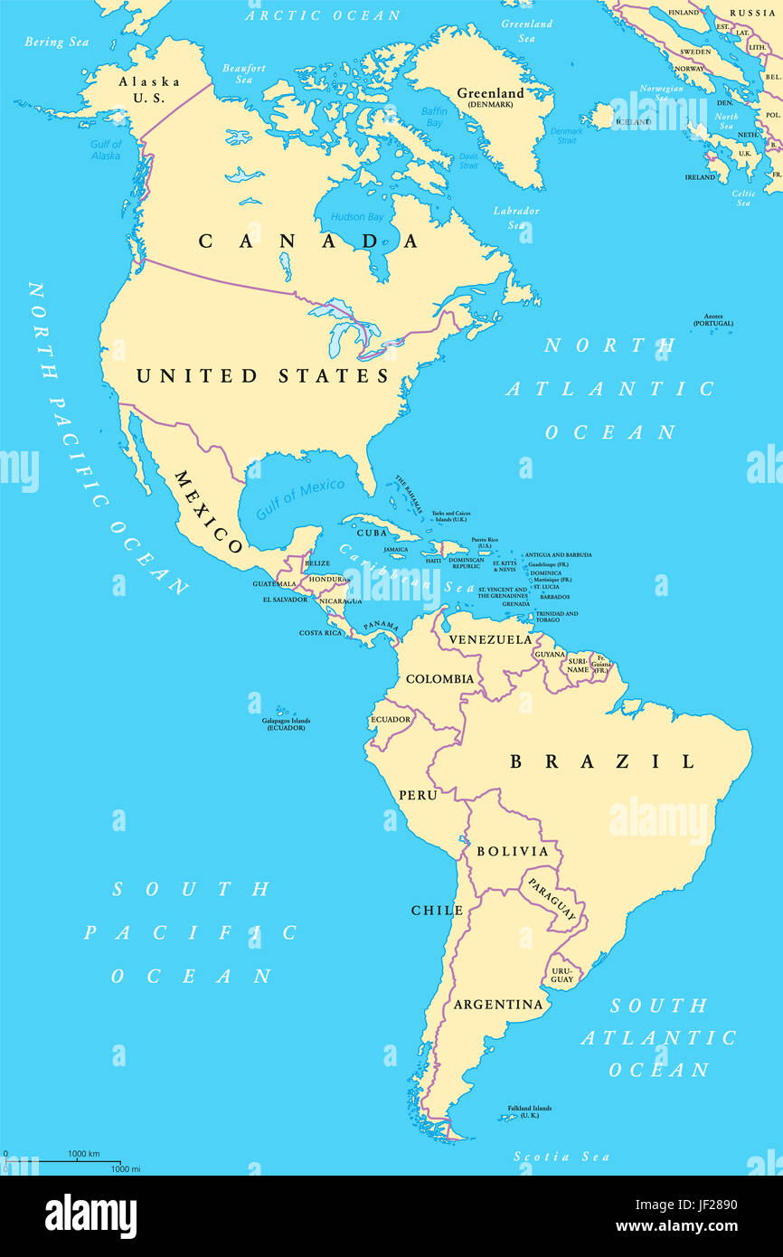 The Americas, North and South America, political map with ...