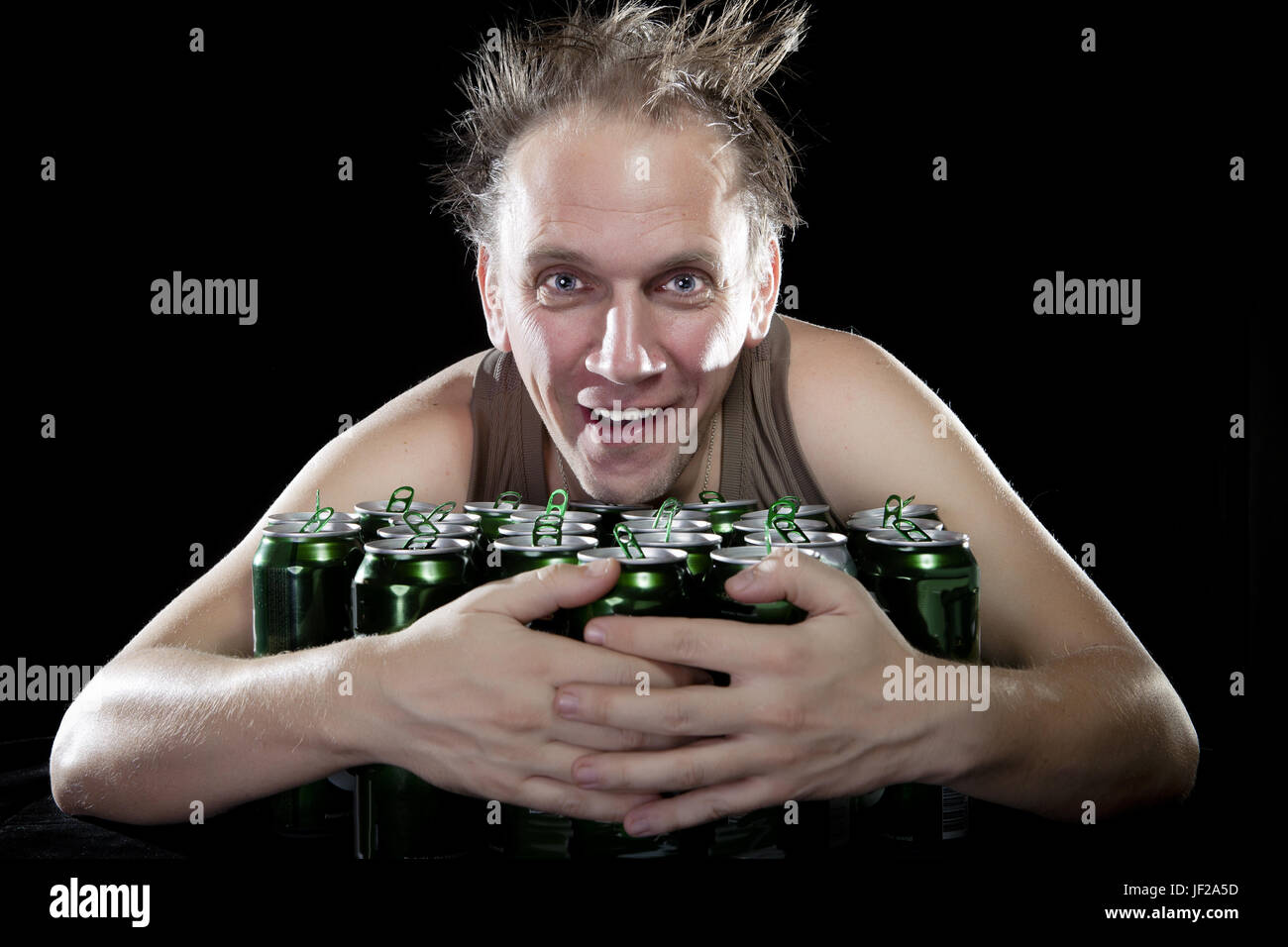 The happy tipsy man near empty beer jars Stock Photo Alamy
